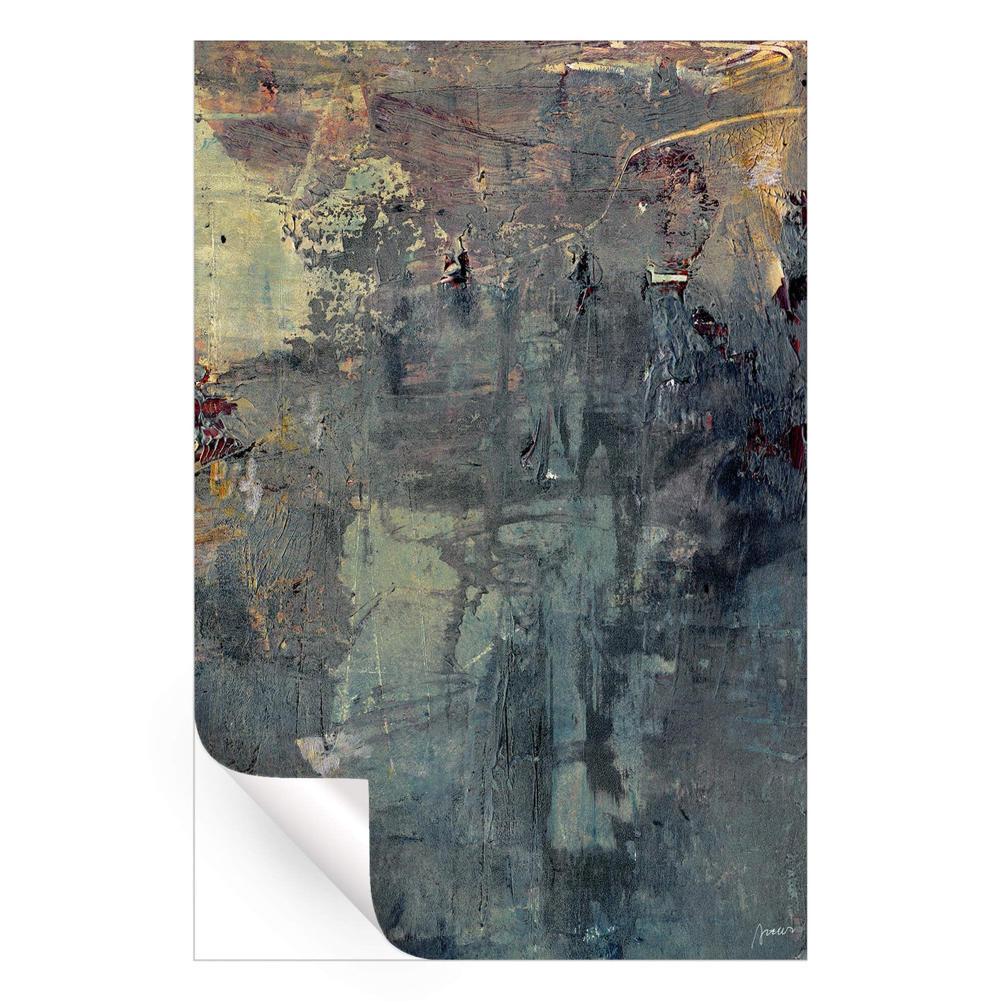 Distressed abstract painting with gray, black, and gold tones.