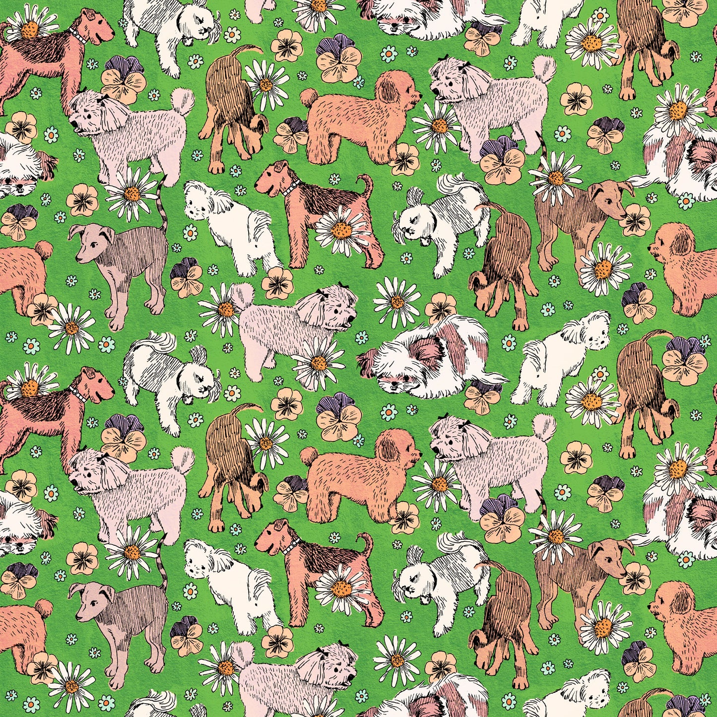Pattern of dogs and flowers on a green background