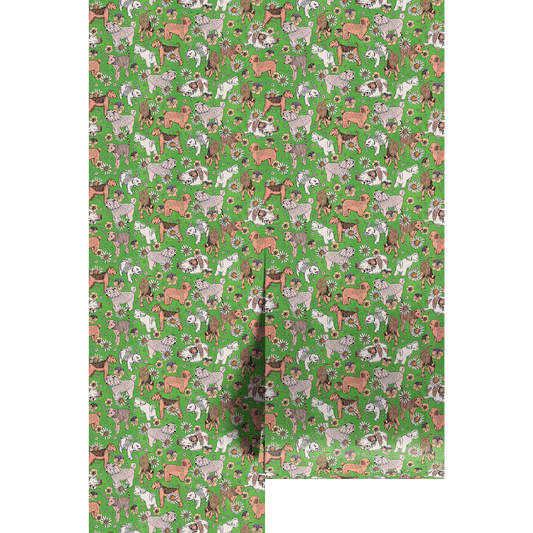 Patterned wallpaper with dogs and flowers on a green background