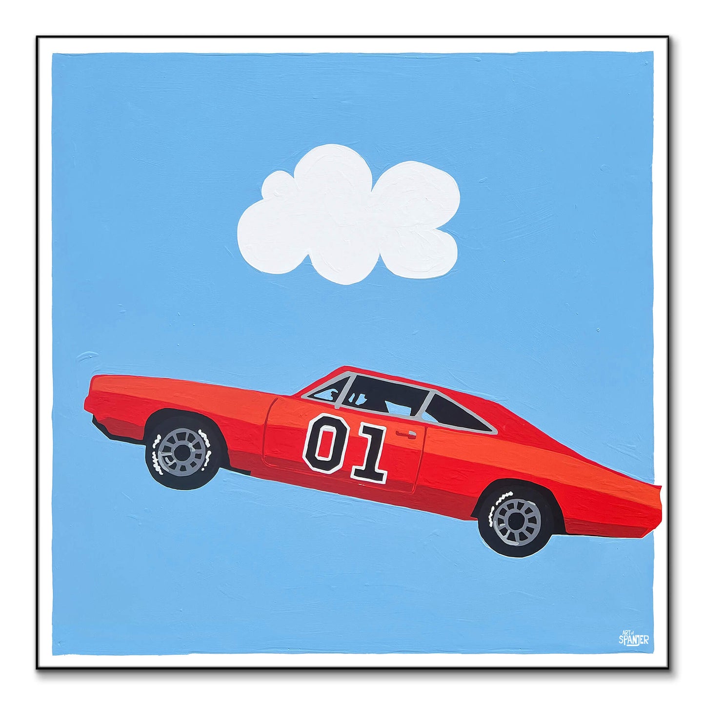 Artwork of the General Lee car from "The Dukes of Hazzard," set against a blue sky.