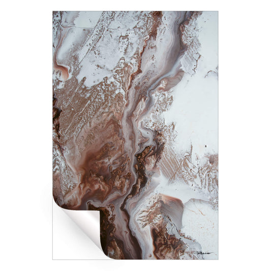 Abstract artwork with earthy brown, copper, and white tones flowing in organic patterns.