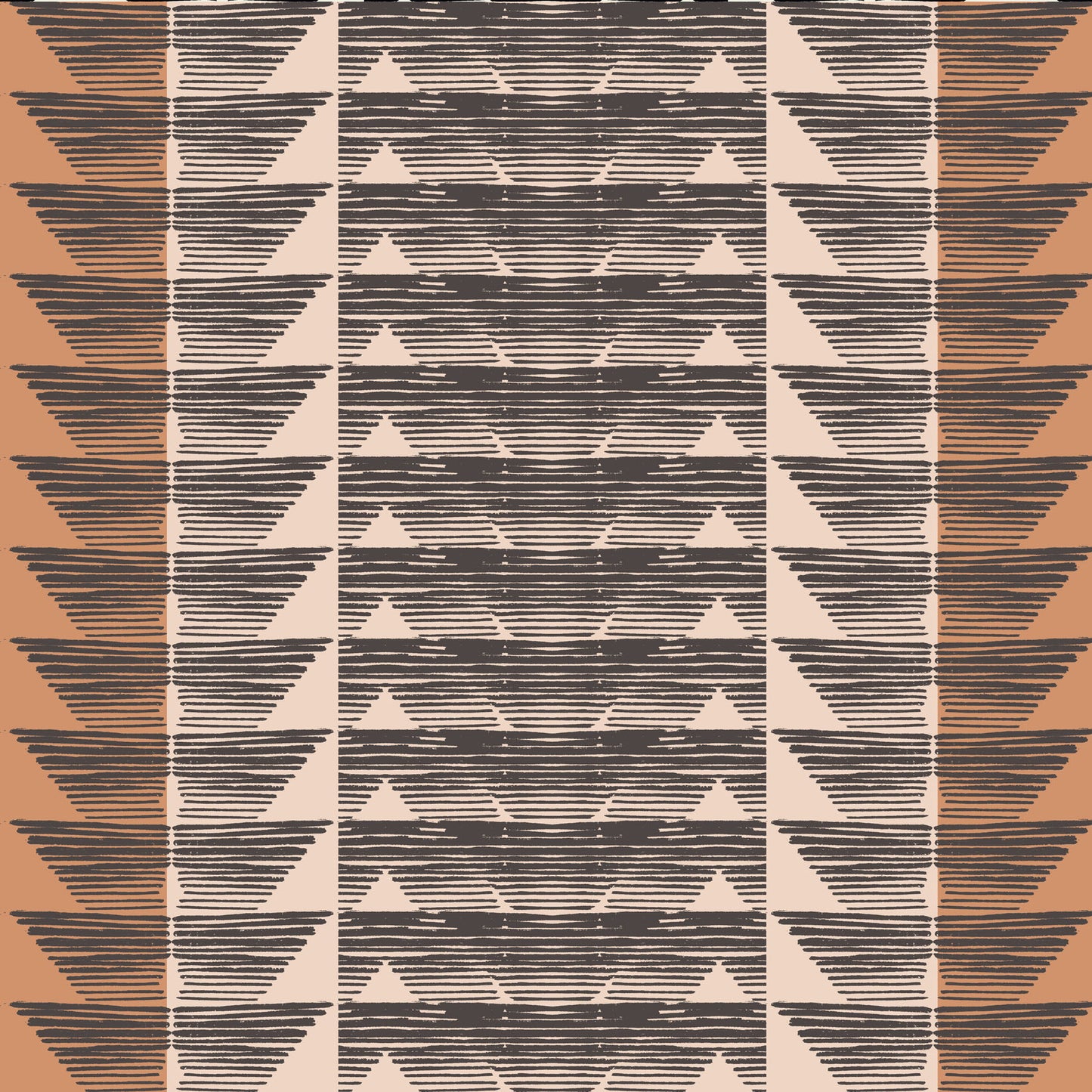 Wallpaper pattern with geometric triangle design in brown, beige, orange, and black.