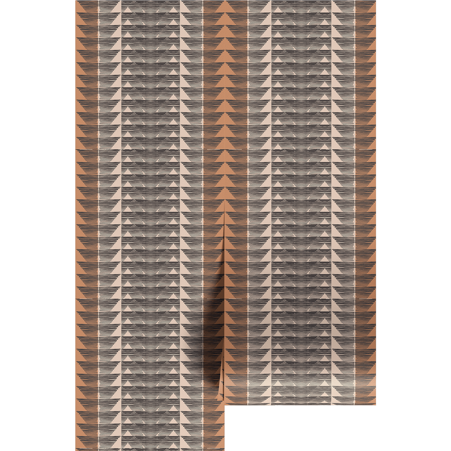 Orange, beige, and black geometric pattern on two wallpaper panels.