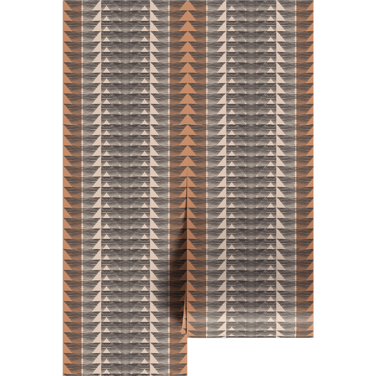 Orange, beige, and black geometric pattern on two wallpaper panels.