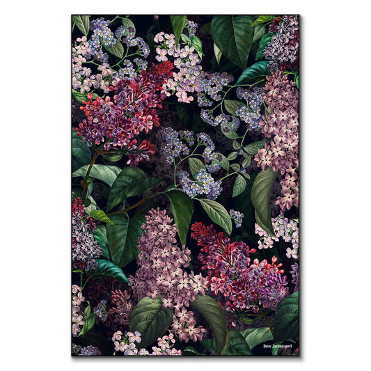 Dark botanical artwork featuring lush lilac and hydrangea blooms intertwined with deep green foliage against a black background.