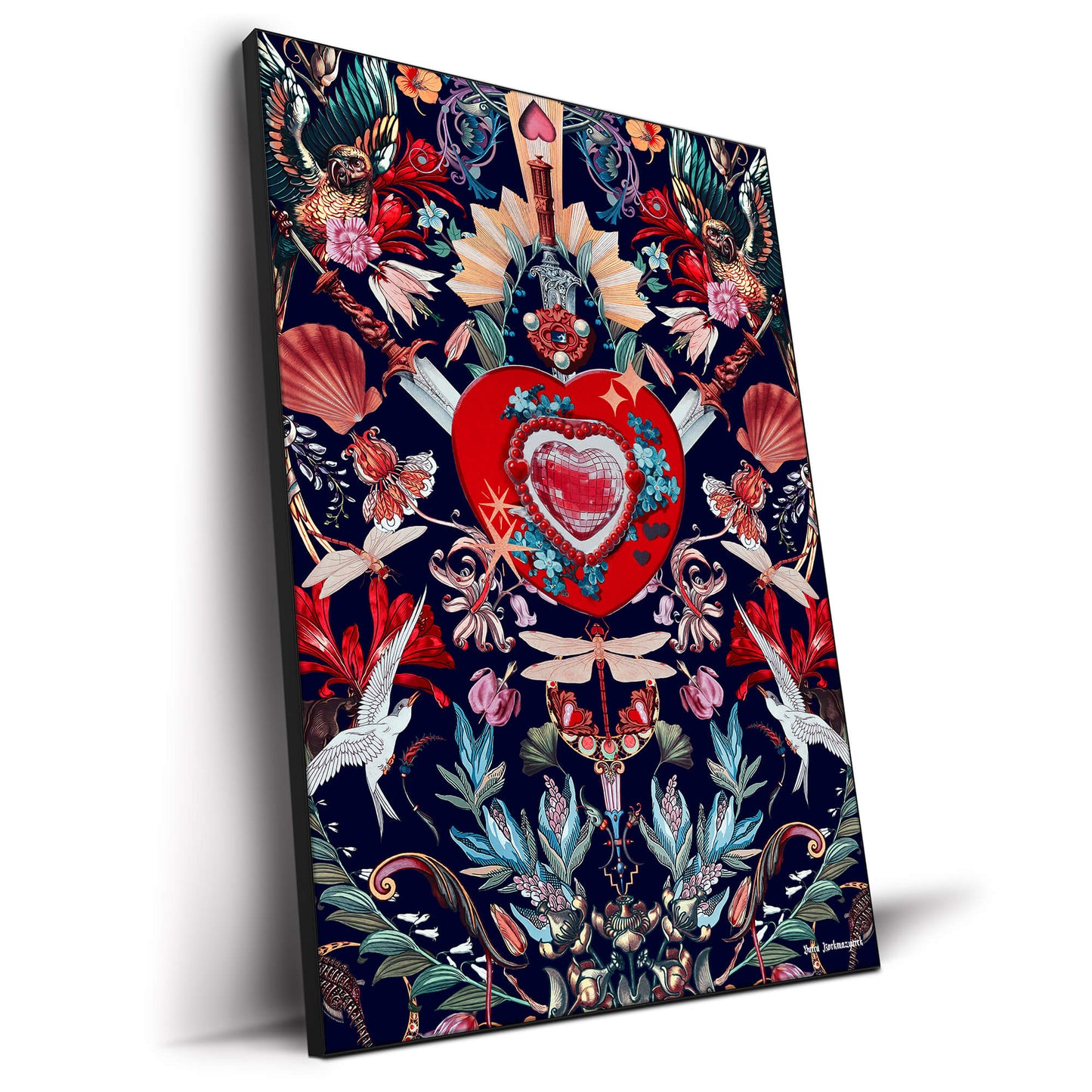 Surreal artwork featuring a jeweled red heart with swords, intricate floral details, exotic birds, and fantasy-inspired elements against a dark background.
