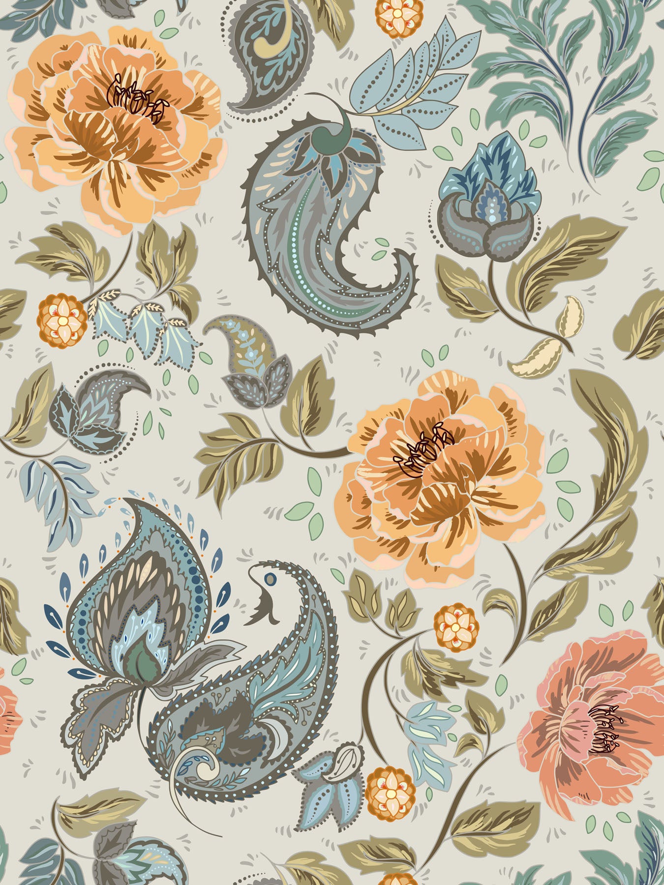 Ornate floral and paisley pattern with orange, blue, and green colors on a light background.