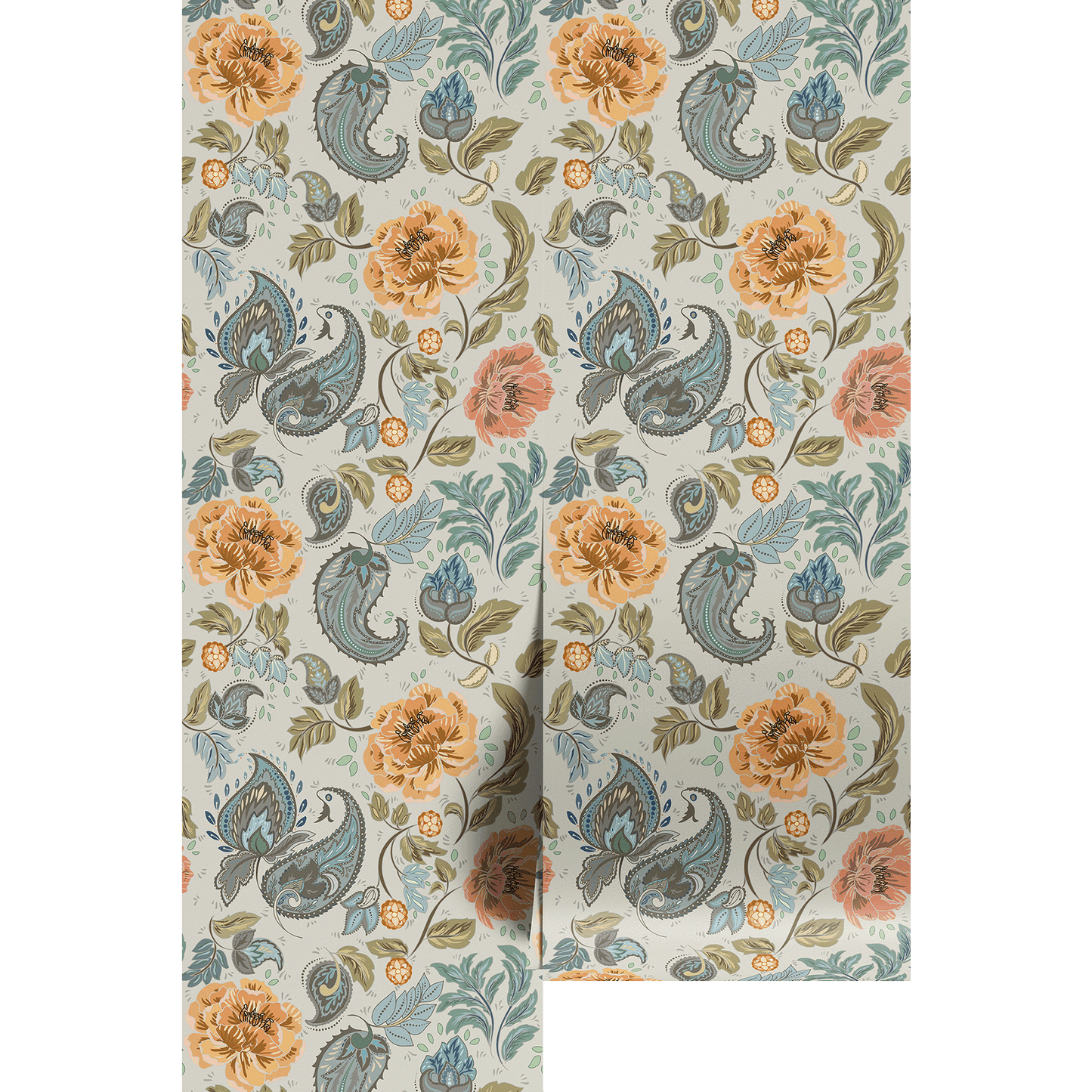 Floral and paisley blue yellow patterned wallpaper swatch on a white background