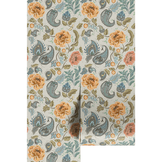 Floral and paisley blue yellow patterned wallpaper swatch on a white background