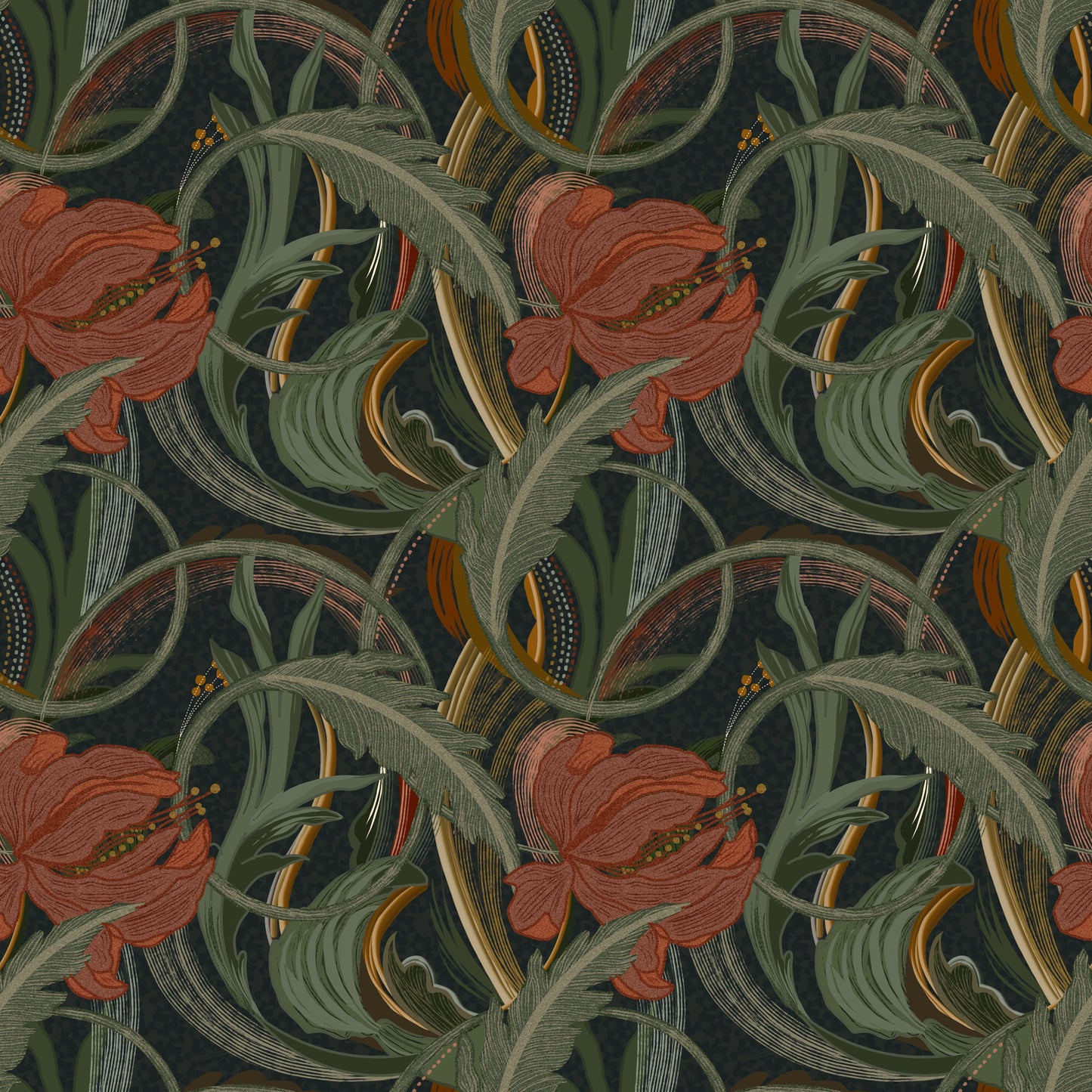 Decorative art nouveau pattern with red flowers and green leaves on a dark background