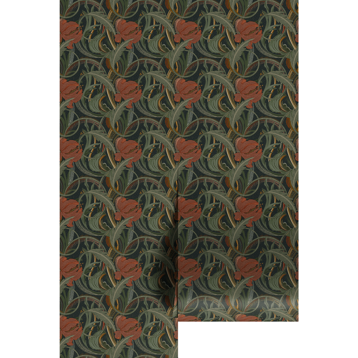 Vintage art nouveau pattern with a green and red design on wallpaper panels.
