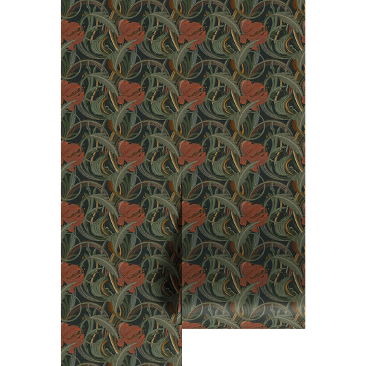 Vintage art nouveau pattern with a green and red design on wallpaper panels.