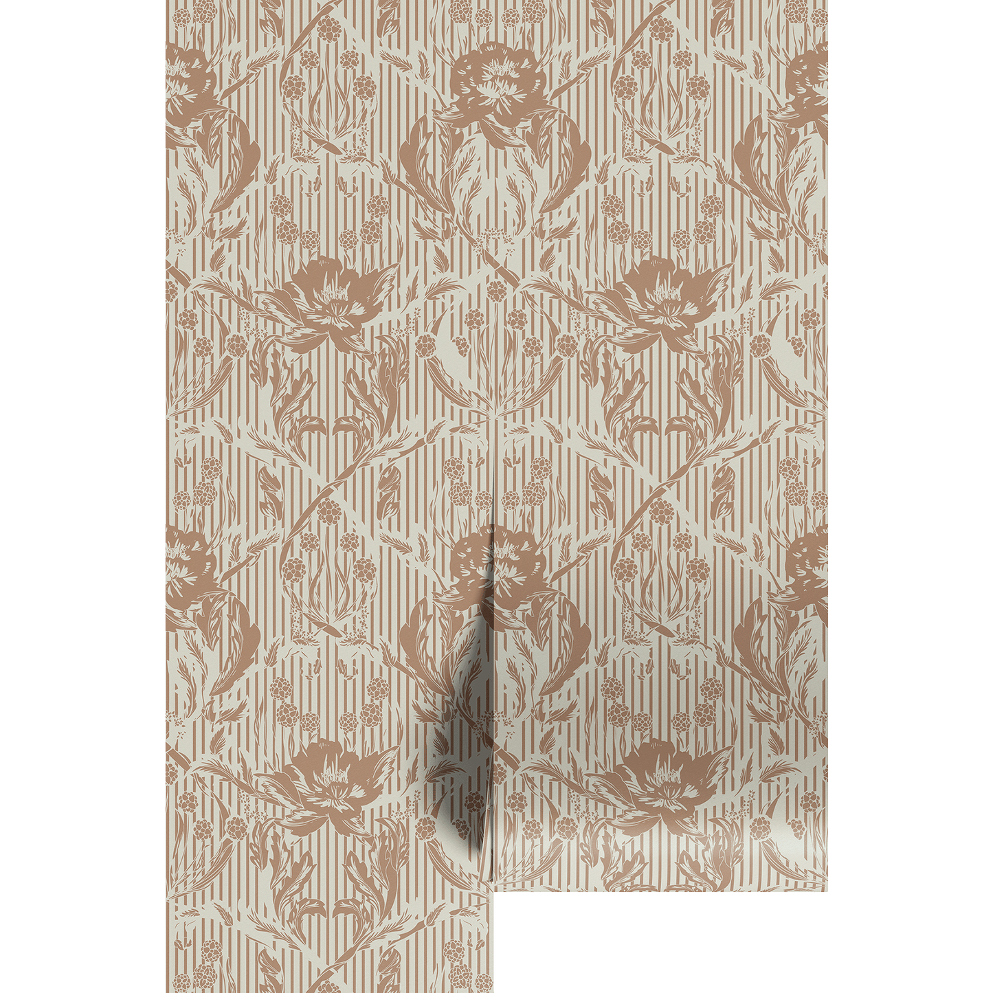 Vintage brown floral design with white stripes on wallpaper panels. 