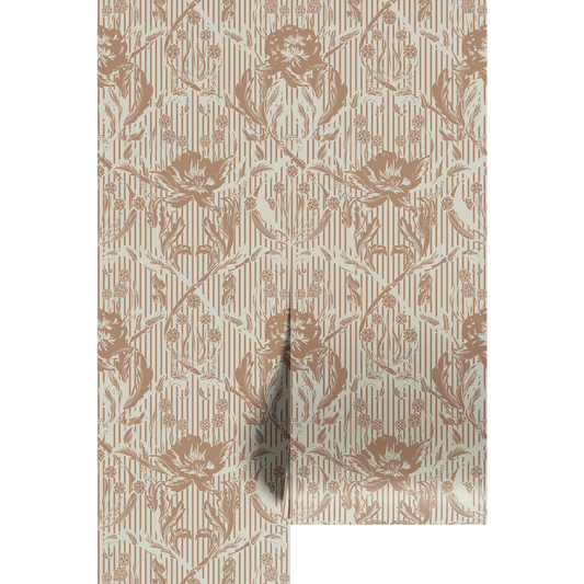 Vintage brown floral design with white stripes on wallpaper panels. 
