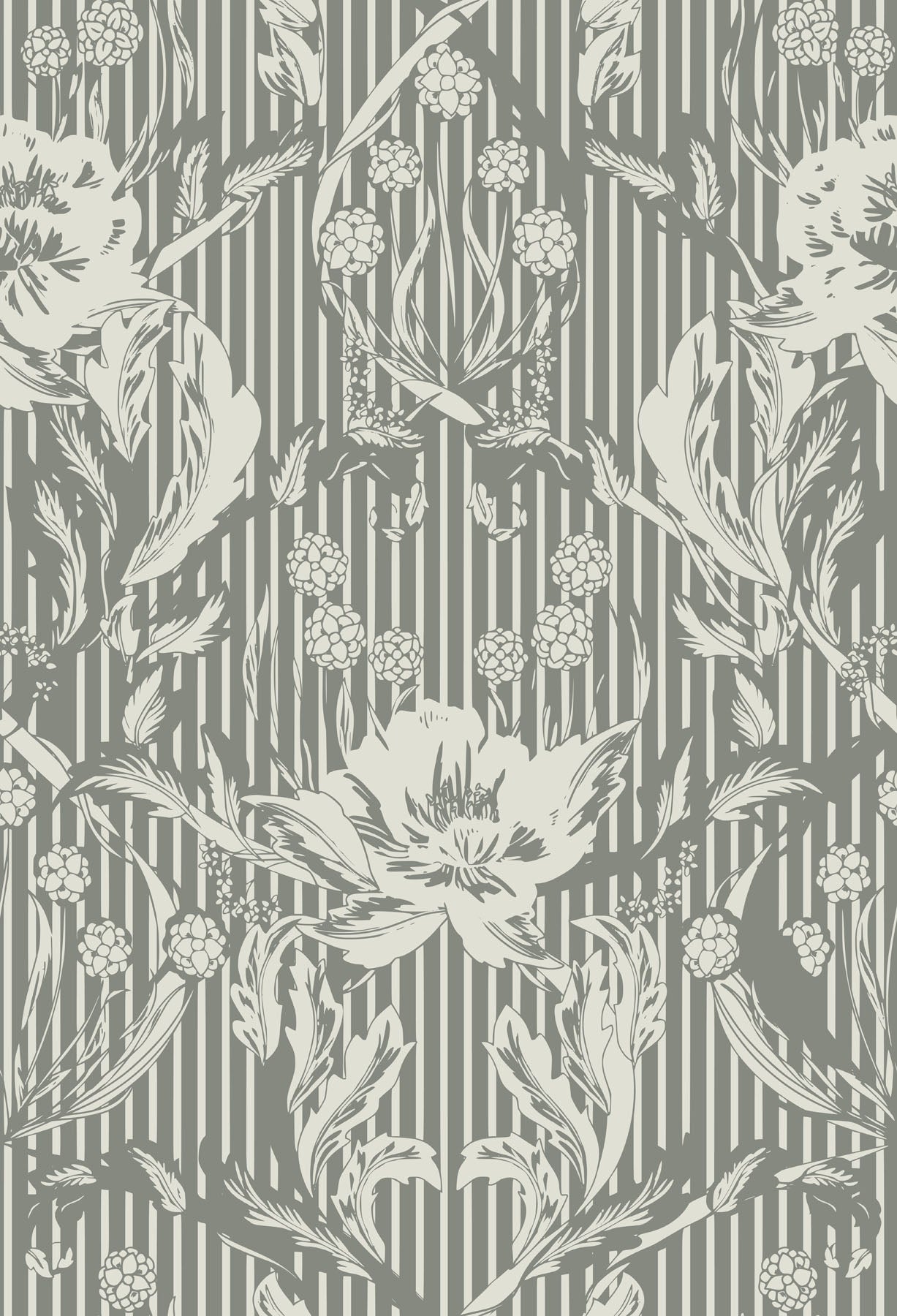 Forest green, vintage, floral wallpaper pattern with cream striped background.