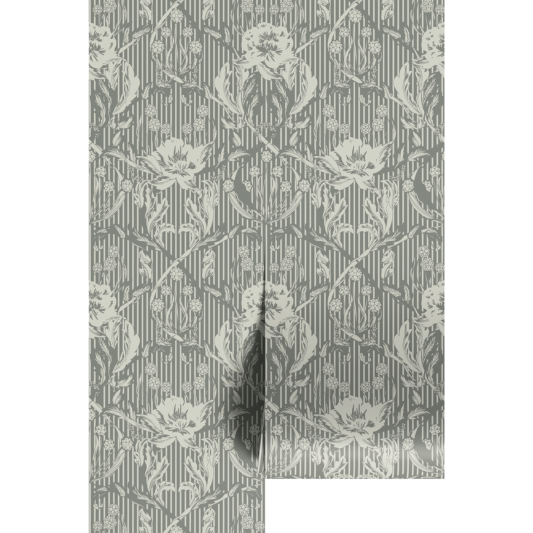 Vintage floral pattern in cream with forest green stripes on wallpaper panels.
