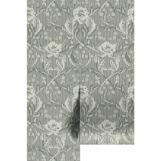 Vintage floral pattern in cream with forest green stripes on wallpaper panels.