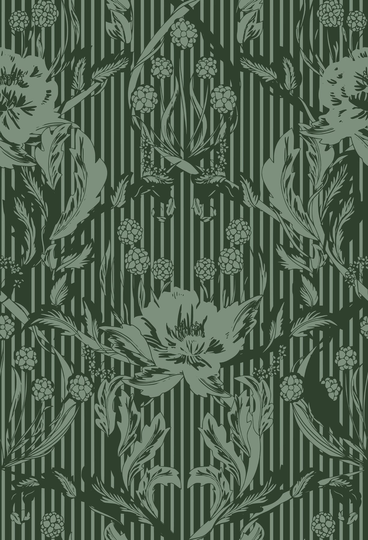 Deep green floral wallpaper pattern with striped background.