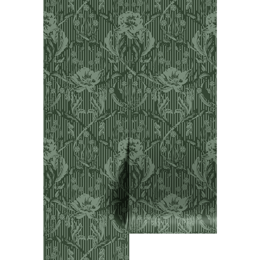 Vintage green floral patterned fabric on wallpaper panels.