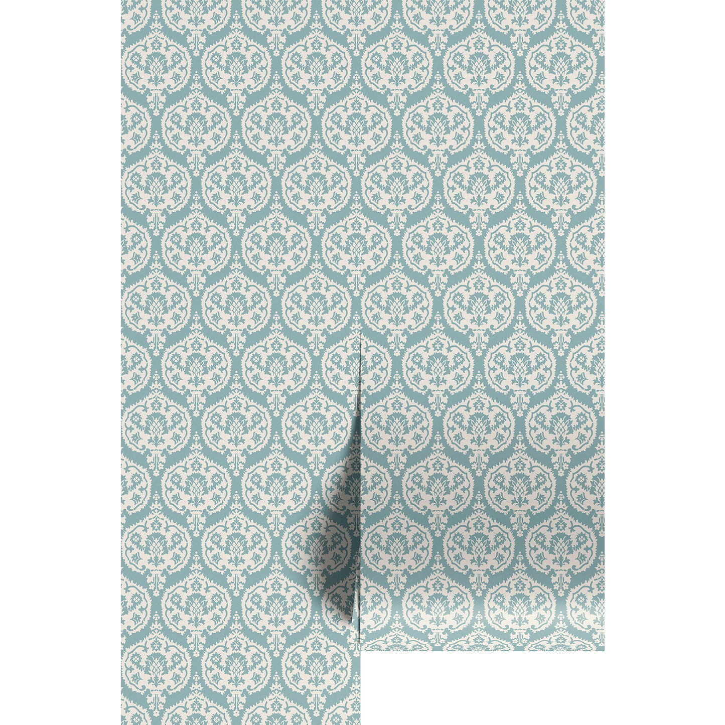 Teal and white patterned wallpaper on wallpaper panels.