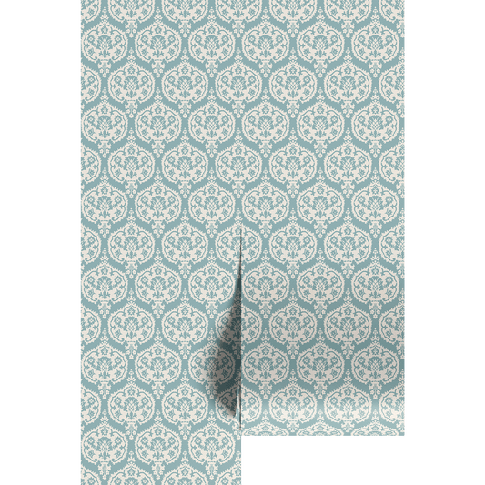 Teal and white patterned wallpaper on wallpaper panels.