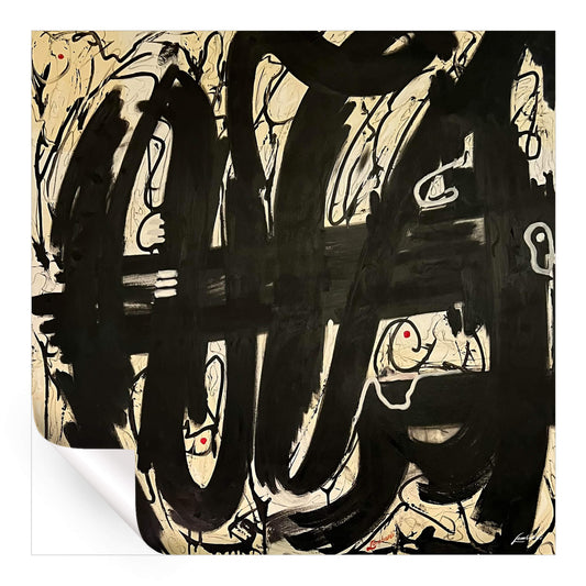 Abstract artwork with black strokes, off-white background, fine swirling lines, and sporadic red dots.