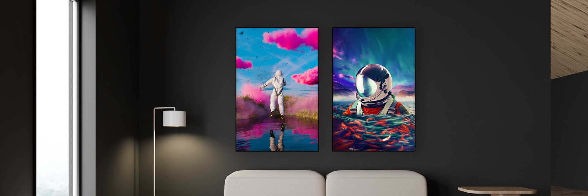 Large horizontal astronaut artwork with "you are here" in neon lettering hangs above neutral couch in living room