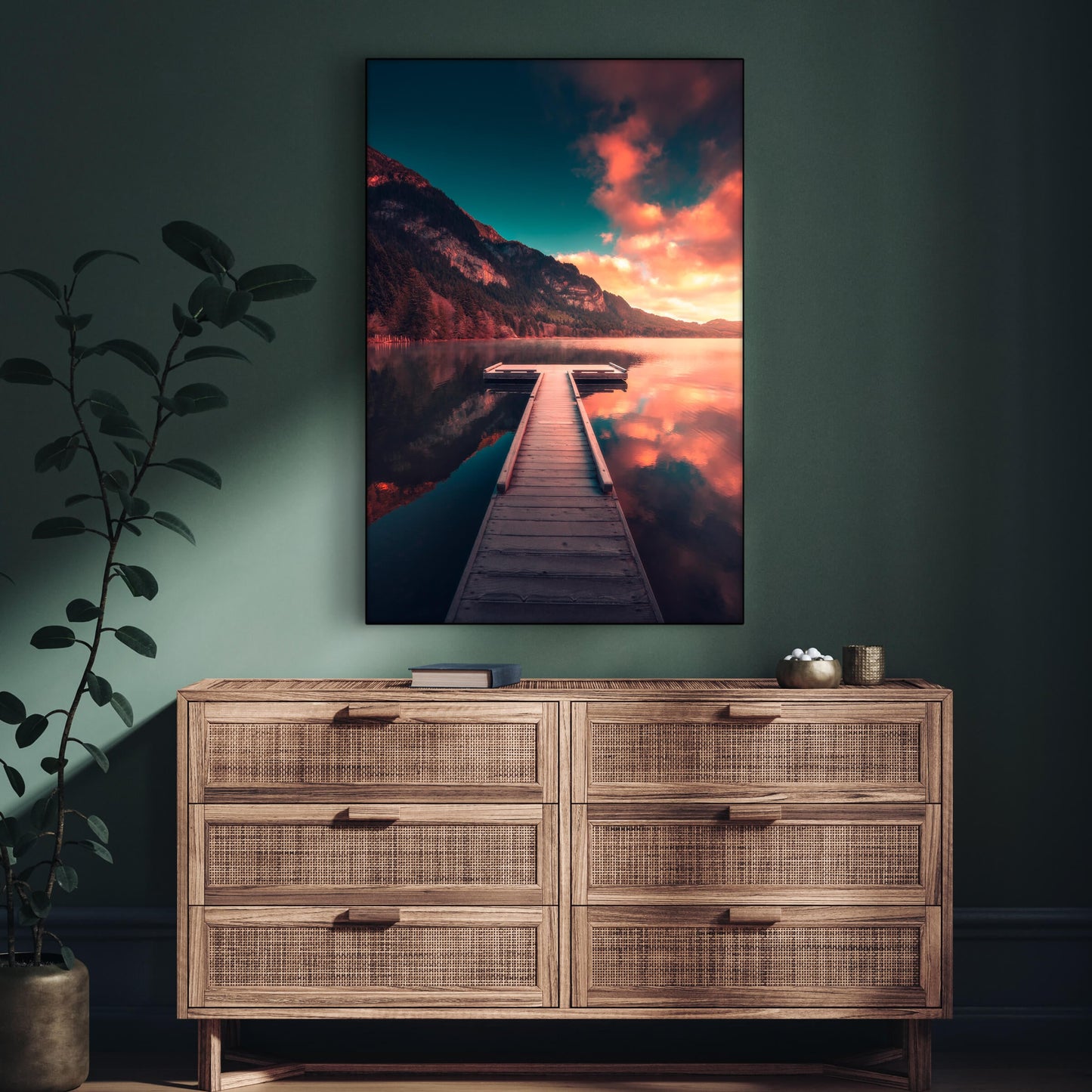 Extra large vertical nature photo of dock extending out into lake with sunset reflecting in water hangs in modern boho bedroom