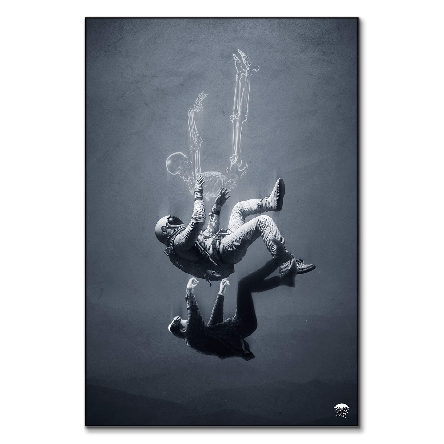 Falling astronaut, skeleton and man in surreal collage art against gray background.