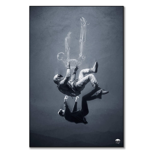 Falling astronaut, skeleton and man in surreal collage art against gray background.