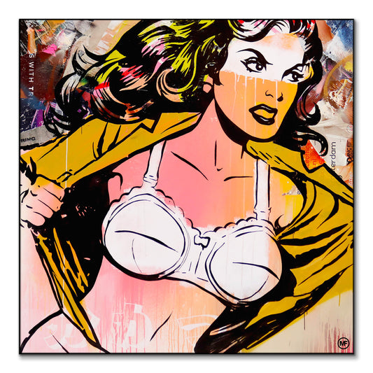 A woman depicted with an open shirt and vibrant graffiti background, highlighting a mix of urban art styles.