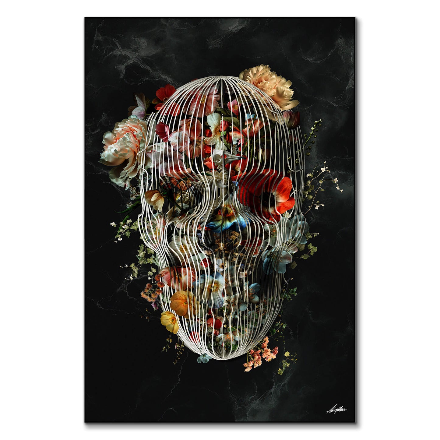 Skull formed by white cage-like lines filled with flowers against a dark background.