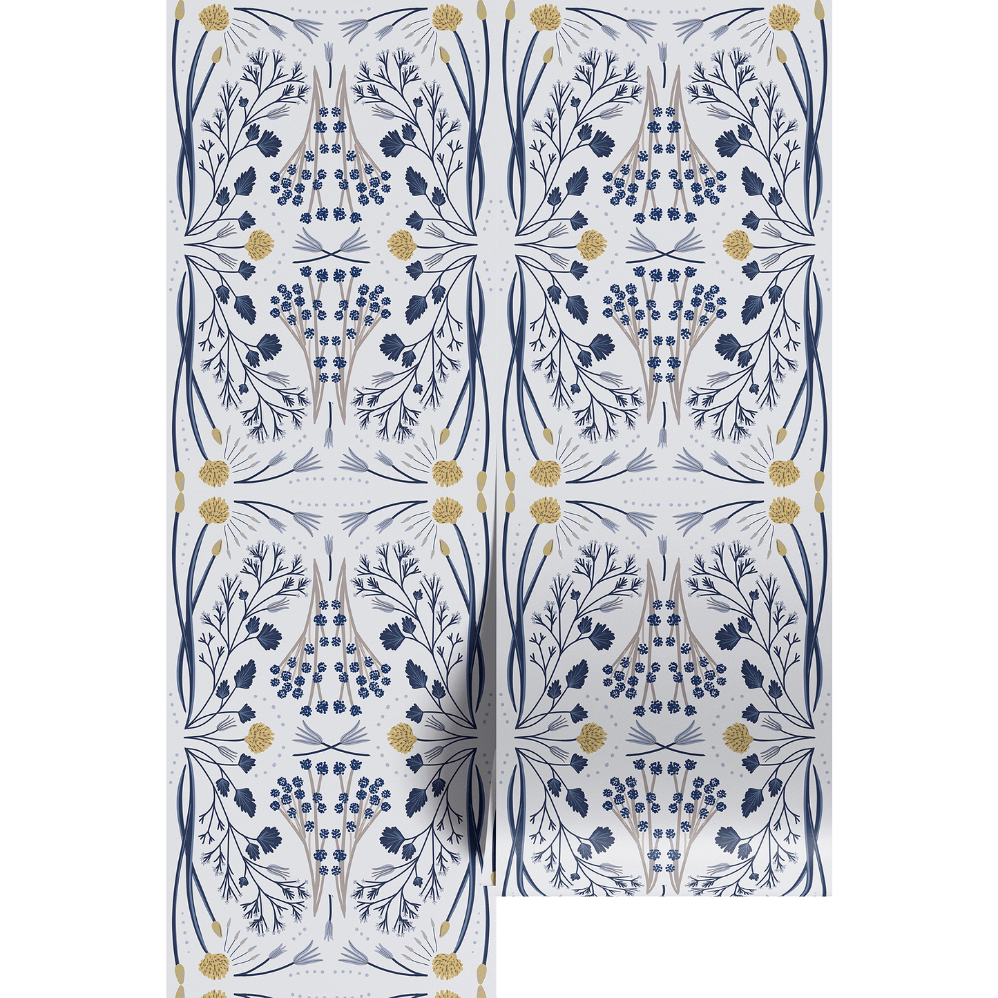 Floral patterned paper with mirrored blue and gold design on a white background