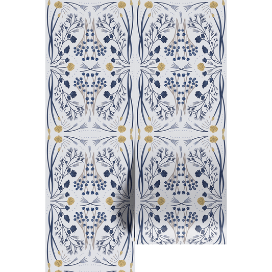 Floral patterned paper with mirrored blue and gold design on a white background
