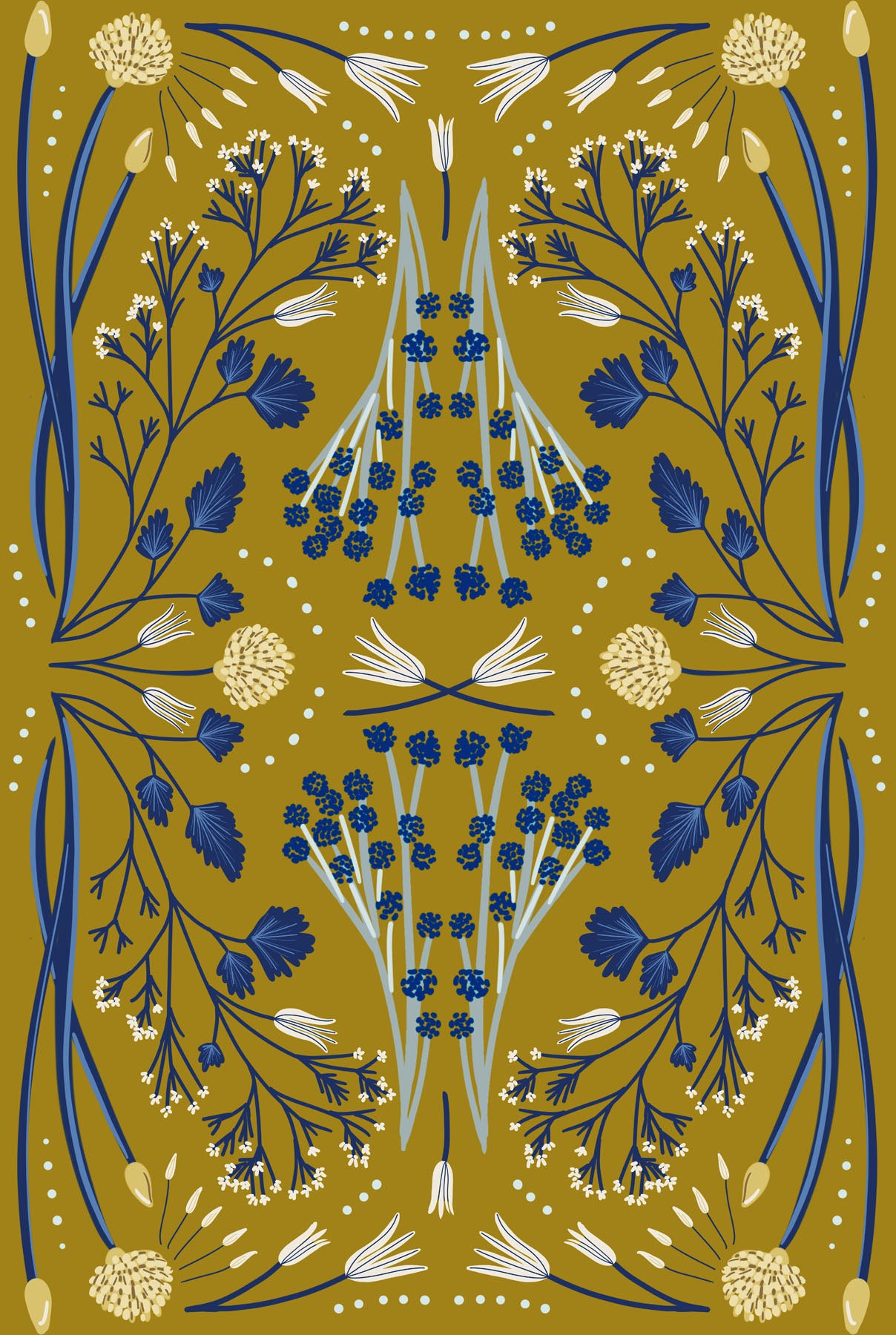 Decorative pattern with blue and white flowers on a chartreuse background