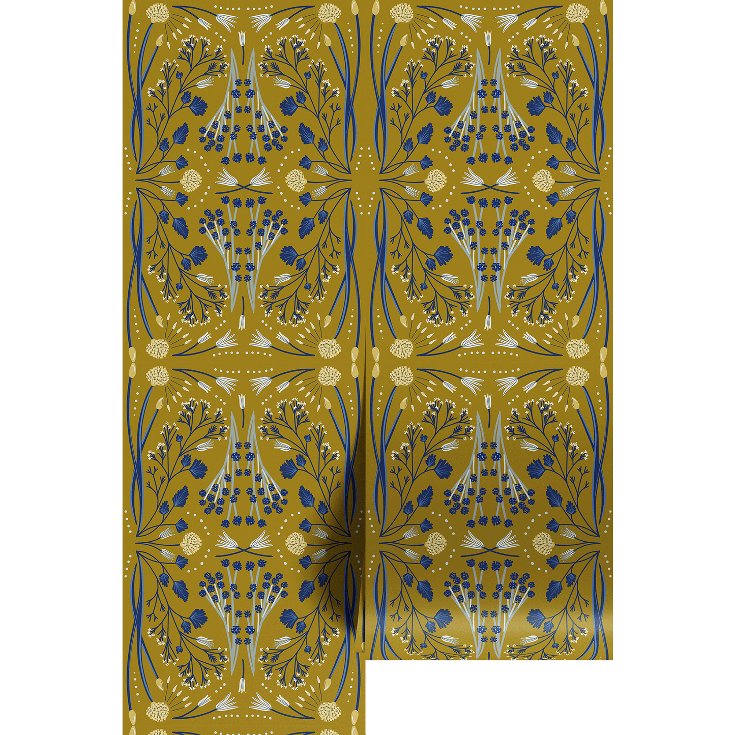 Patterned paper with blue and yellow design on a white background