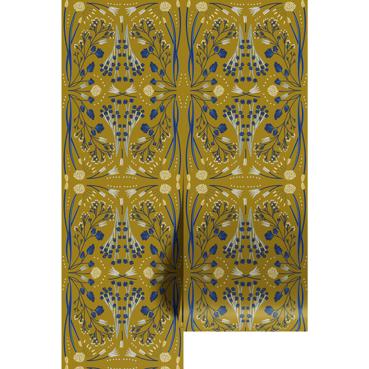 Patterned paper with blue and yellow design on a white background