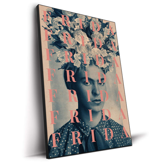 Pop art collage of Frida Kahlo with floral accents and repeating "Frida" text.