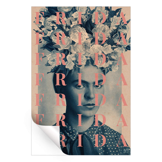 Pop art collage of Frida Kahlo with floral accents and repeating "Frida" text.