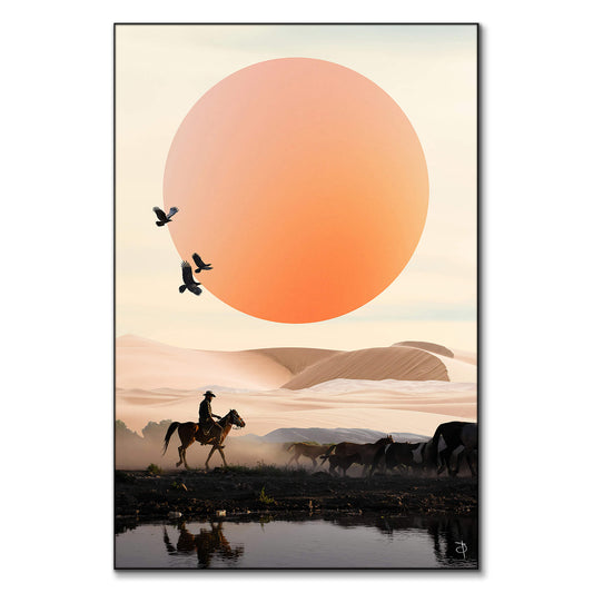 Cowboy riding a horse at sunset, guiding cattle in a desert landscape with an orange sun and flying birds.
