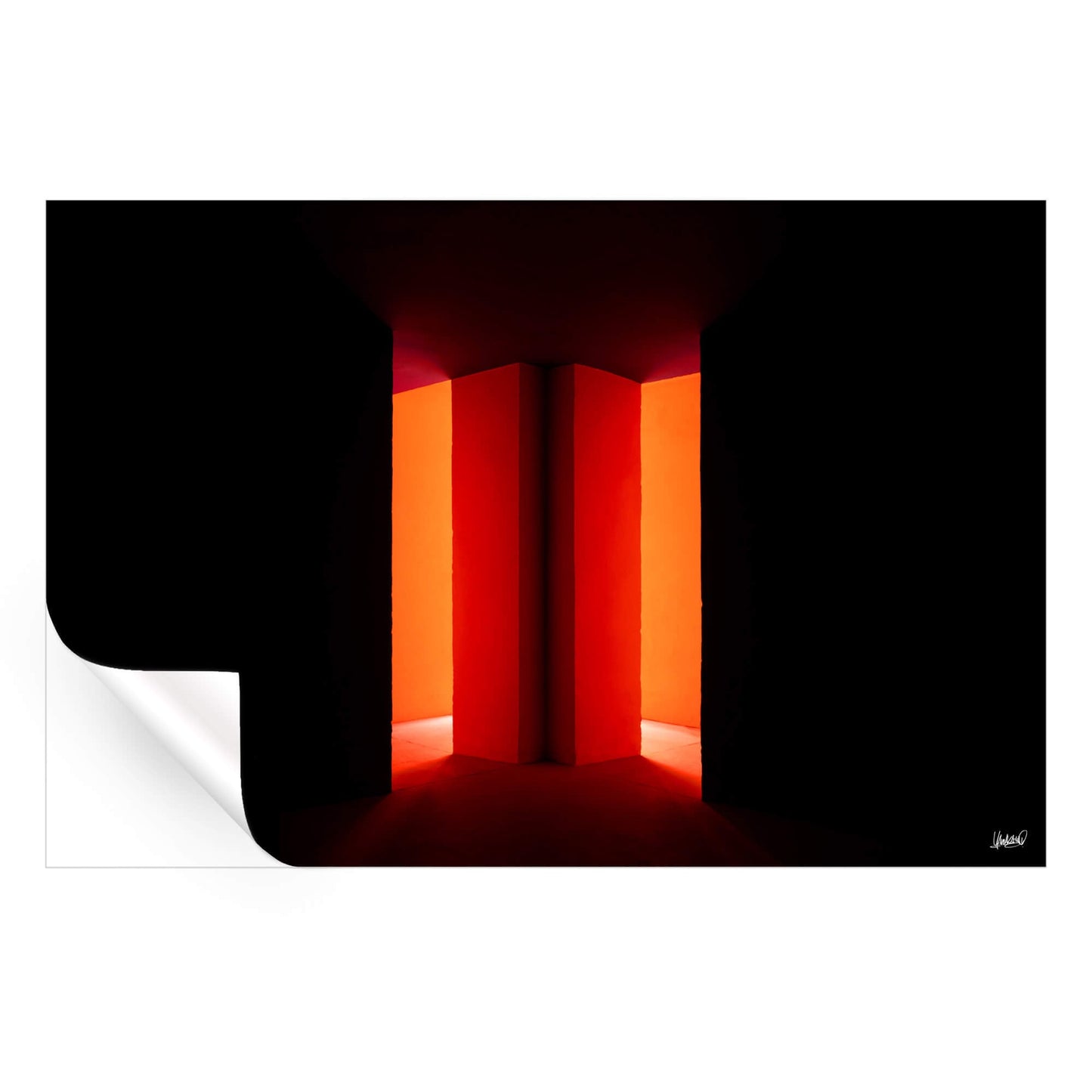 Dark hallway with glowing orange doorway and deep shadows, evoking mystery.