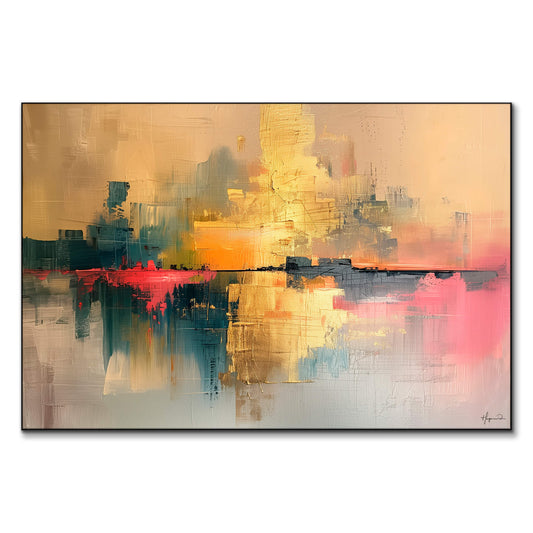 Warm gold and orange hues blend into vibrant reds and blues, with mirrored reflections.