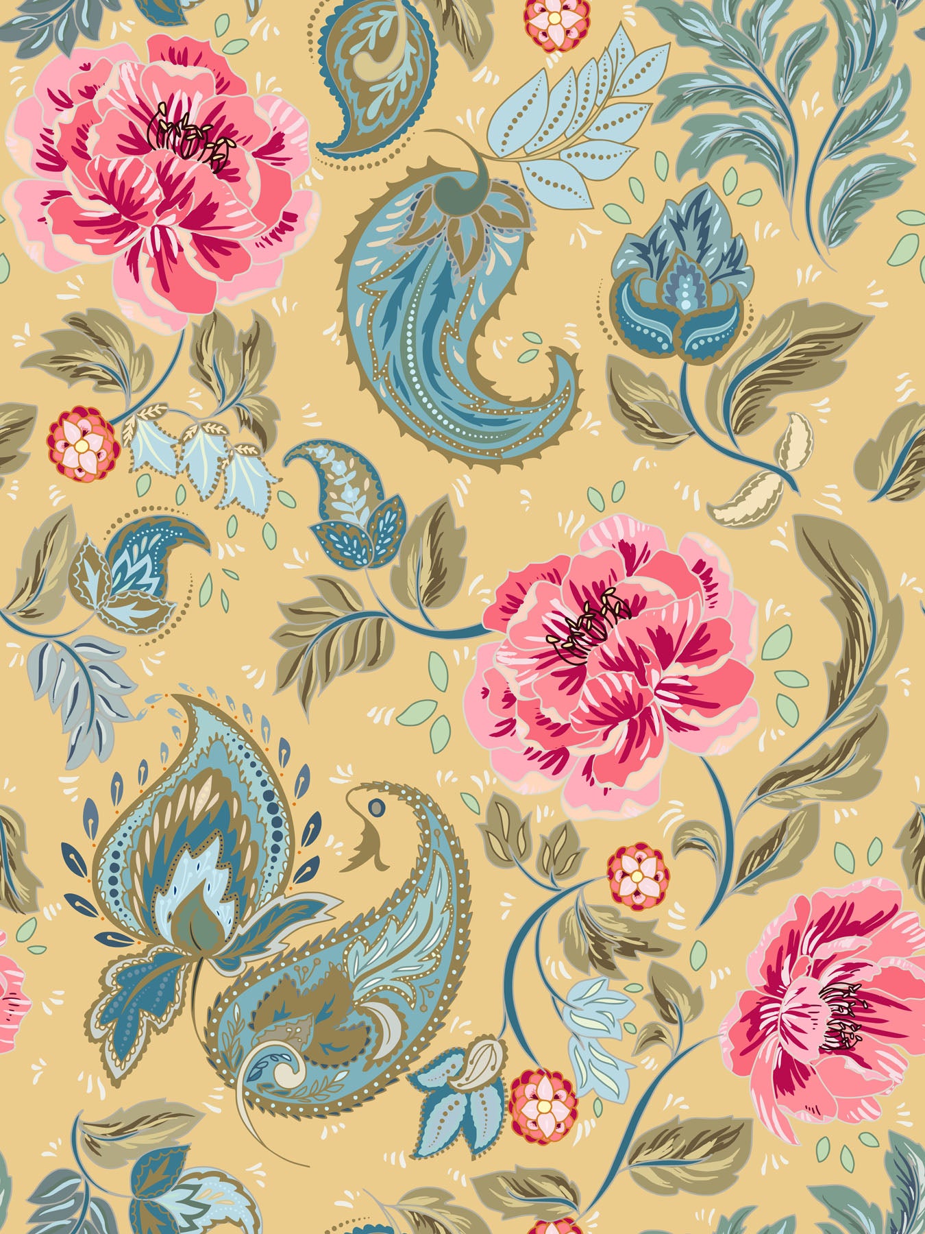 Floral and paisley pattern with pink flowers and blue paisleys on a golden yellow background.