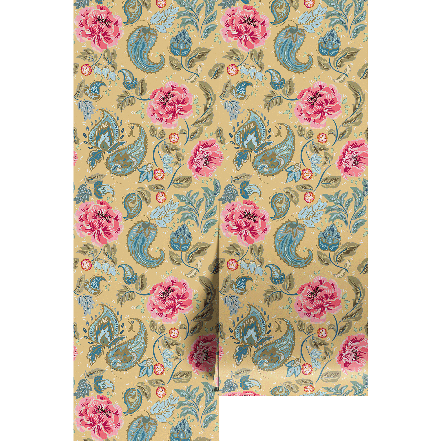 Floral and paisley patterned fabric swatch on a golden yellow background.