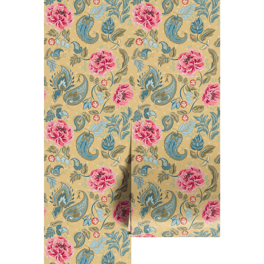 Floral and paisley patterned fabric swatch on a golden yellow background.