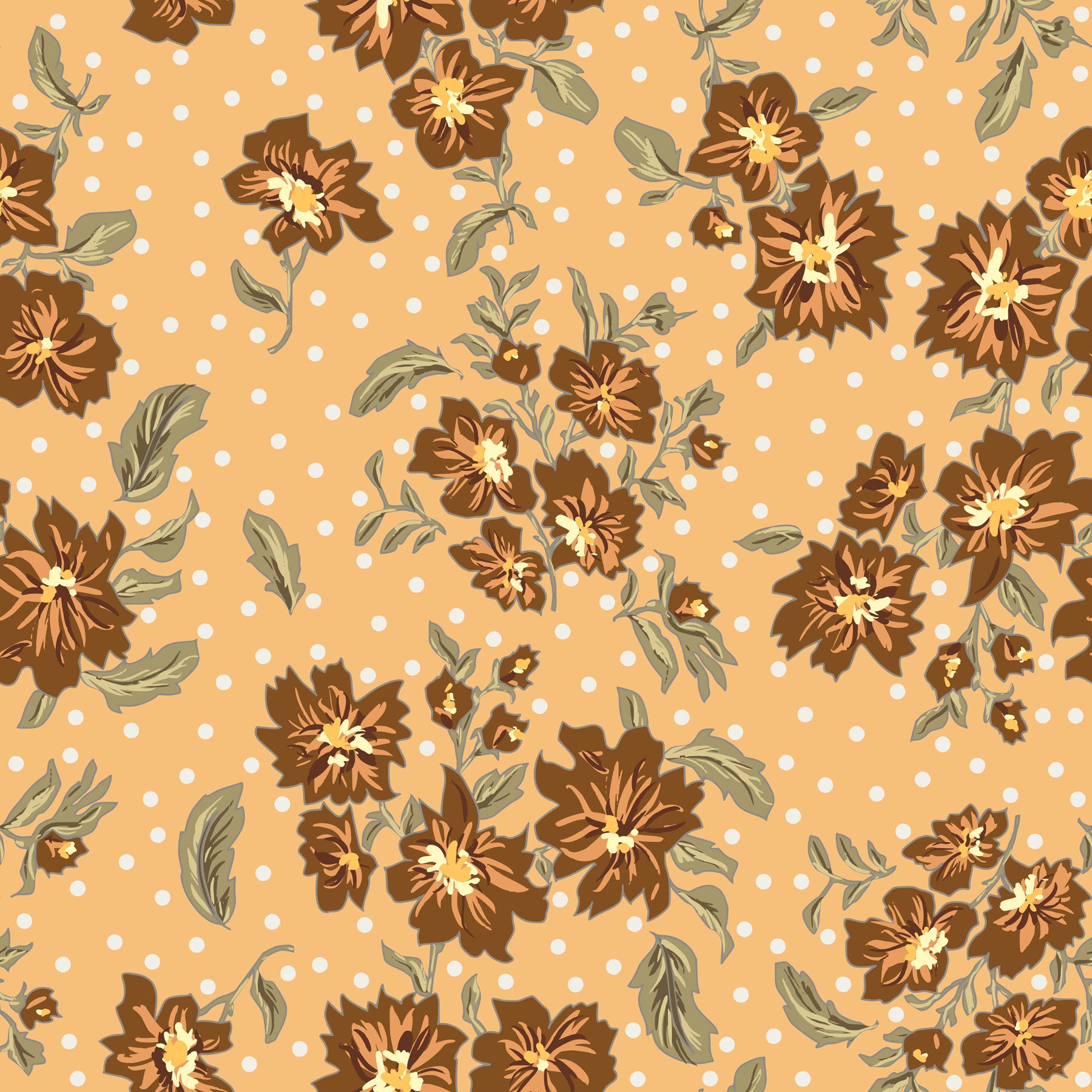 Floral pattern with brown flowers and green leaves on a yellow background with white polka dots.