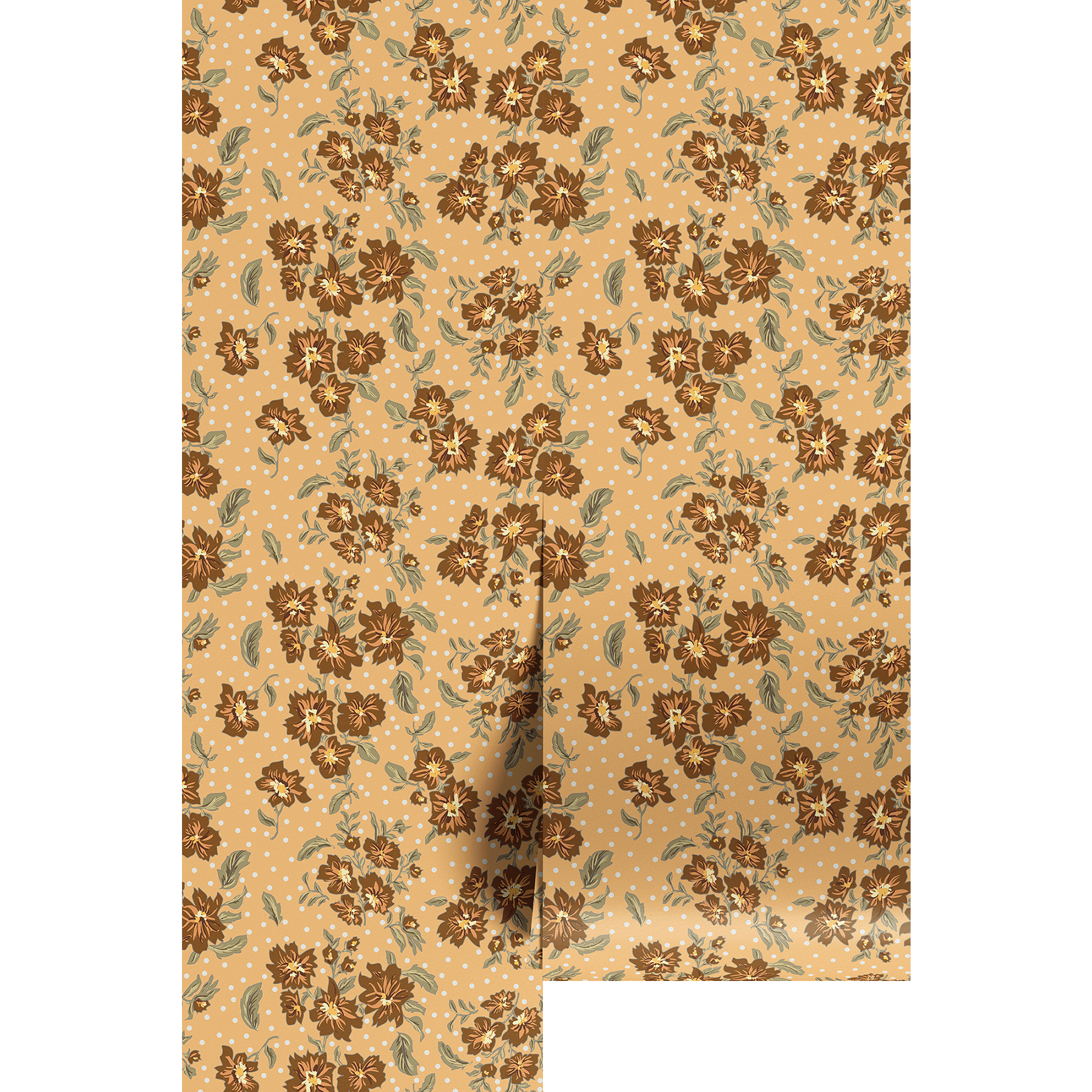 Floral yellow patterned fabric with brown flowers on a beige background