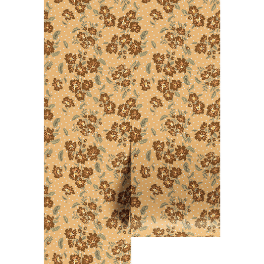 Floral yellow patterned fabric with brown flowers on a beige background