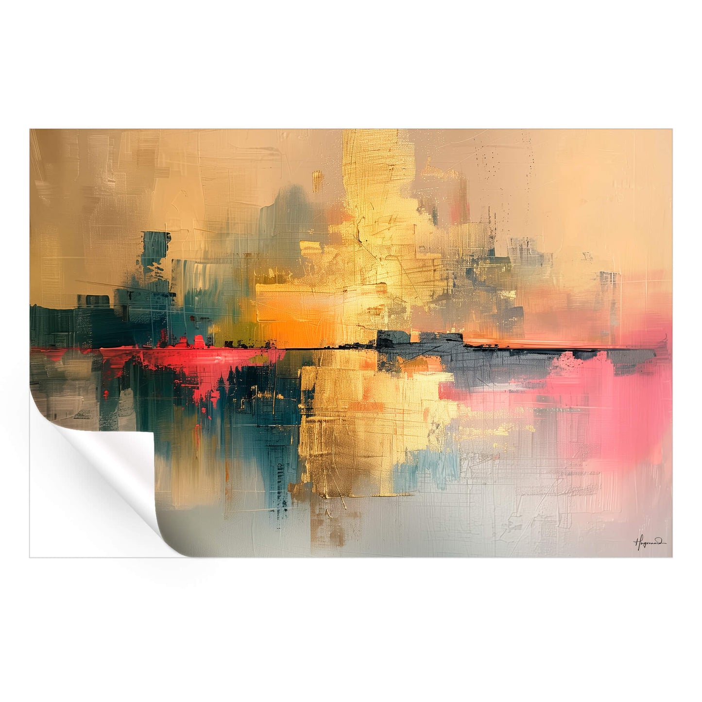 Warm gold tones blend into vibrant reds and blues, with mirrored reflections.