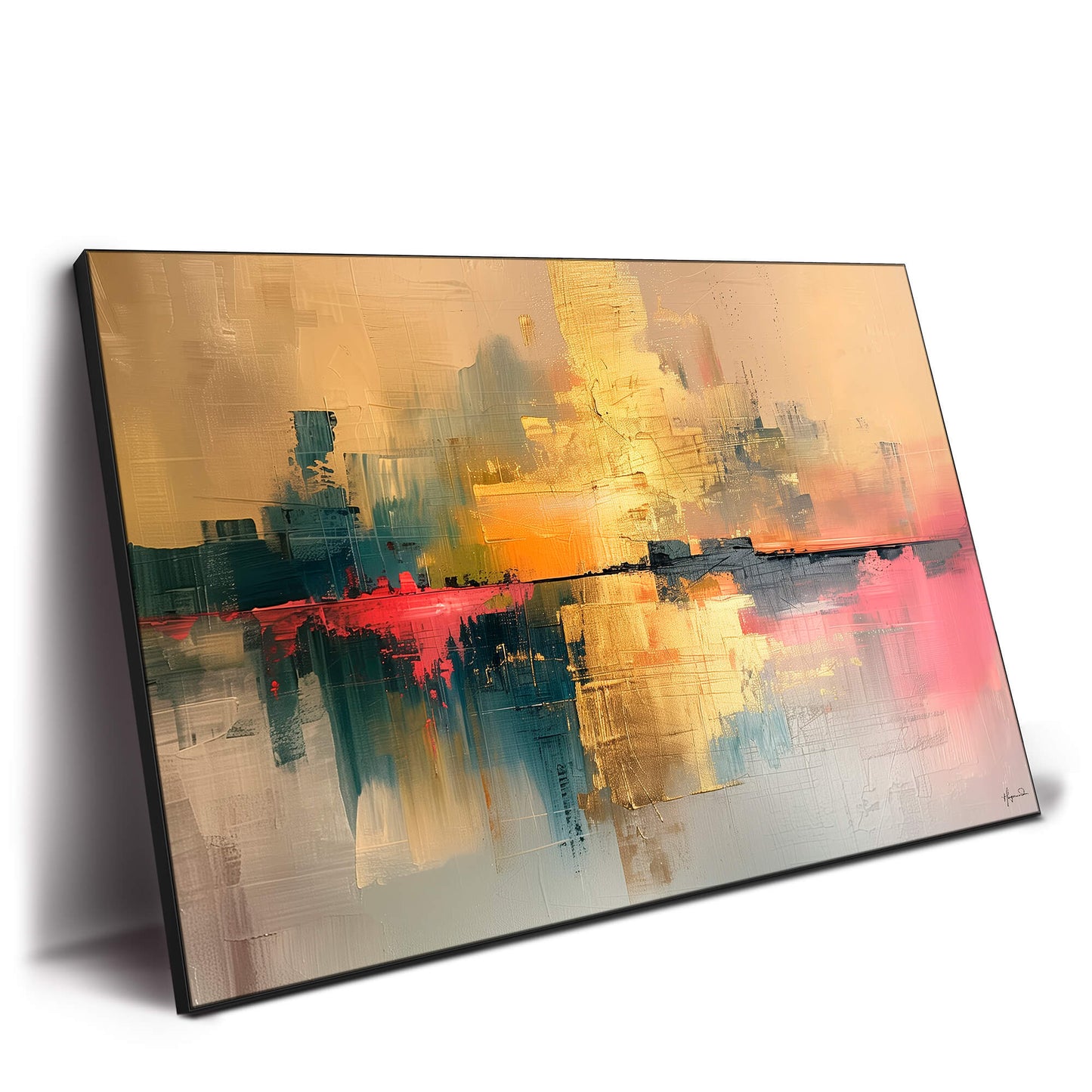 Warm gold and orange tones blend into vibrant reds and blues, with mirrored reflections.